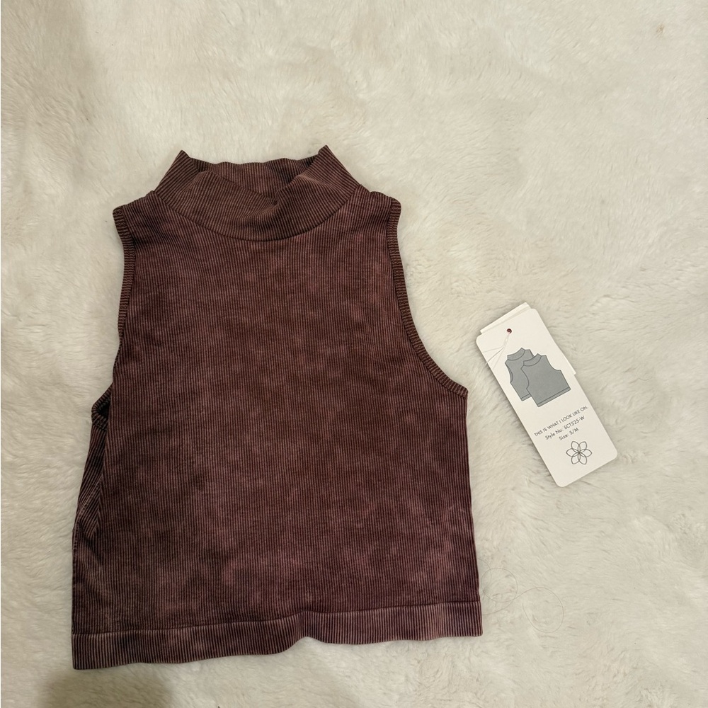 Aura Mock Neck Ribbed Tank Top - Brown